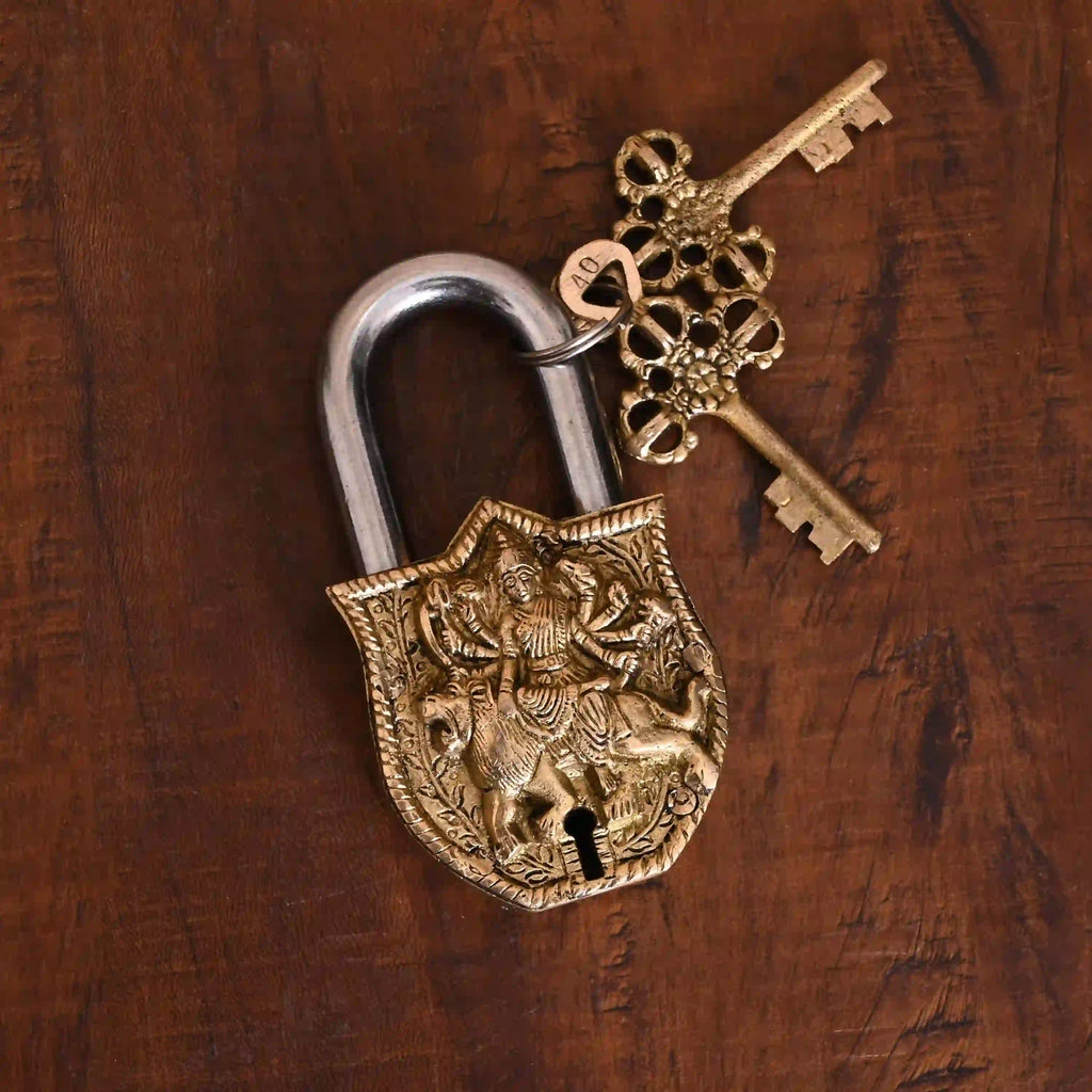 Brass Durga Door Lock With Three Brass Keys (4.5 Inch) Vedansh Craft