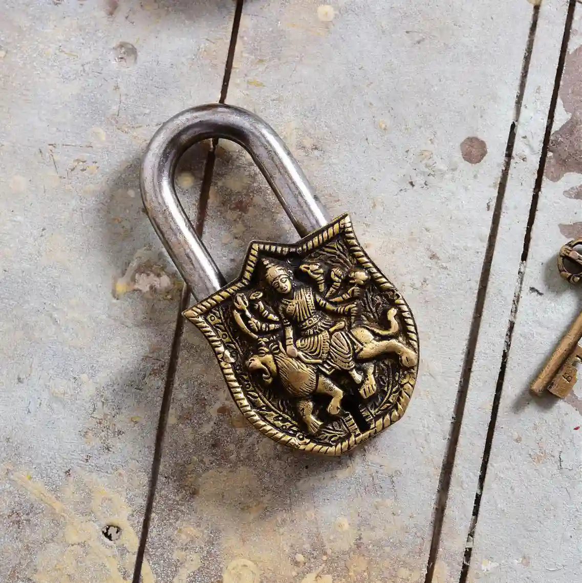 Brass Durga Door Lock With Three Brass Keys (4.5 Inch) Vedansh Craft
