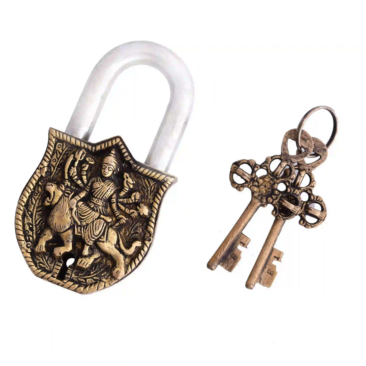 Brass Durga Door Lock With Three Brass Keys (4.5 Inch) Vedansh Craft