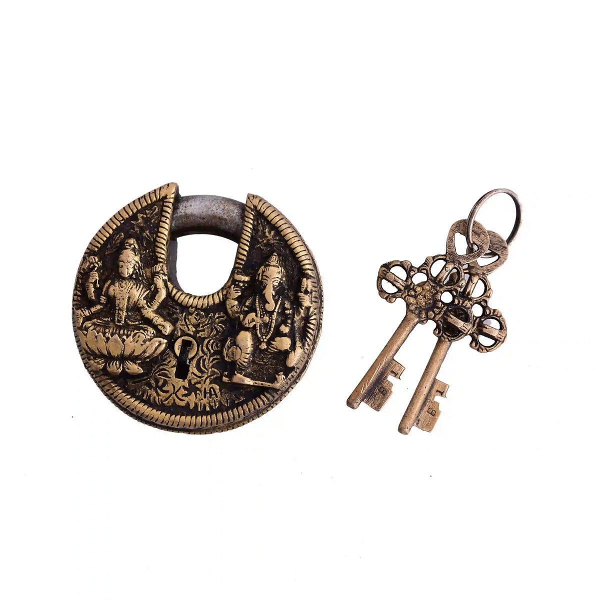 Brass Ganesha Lakshmi Round Door Lock With Three Keys (3 Inch) Vedansh Craft