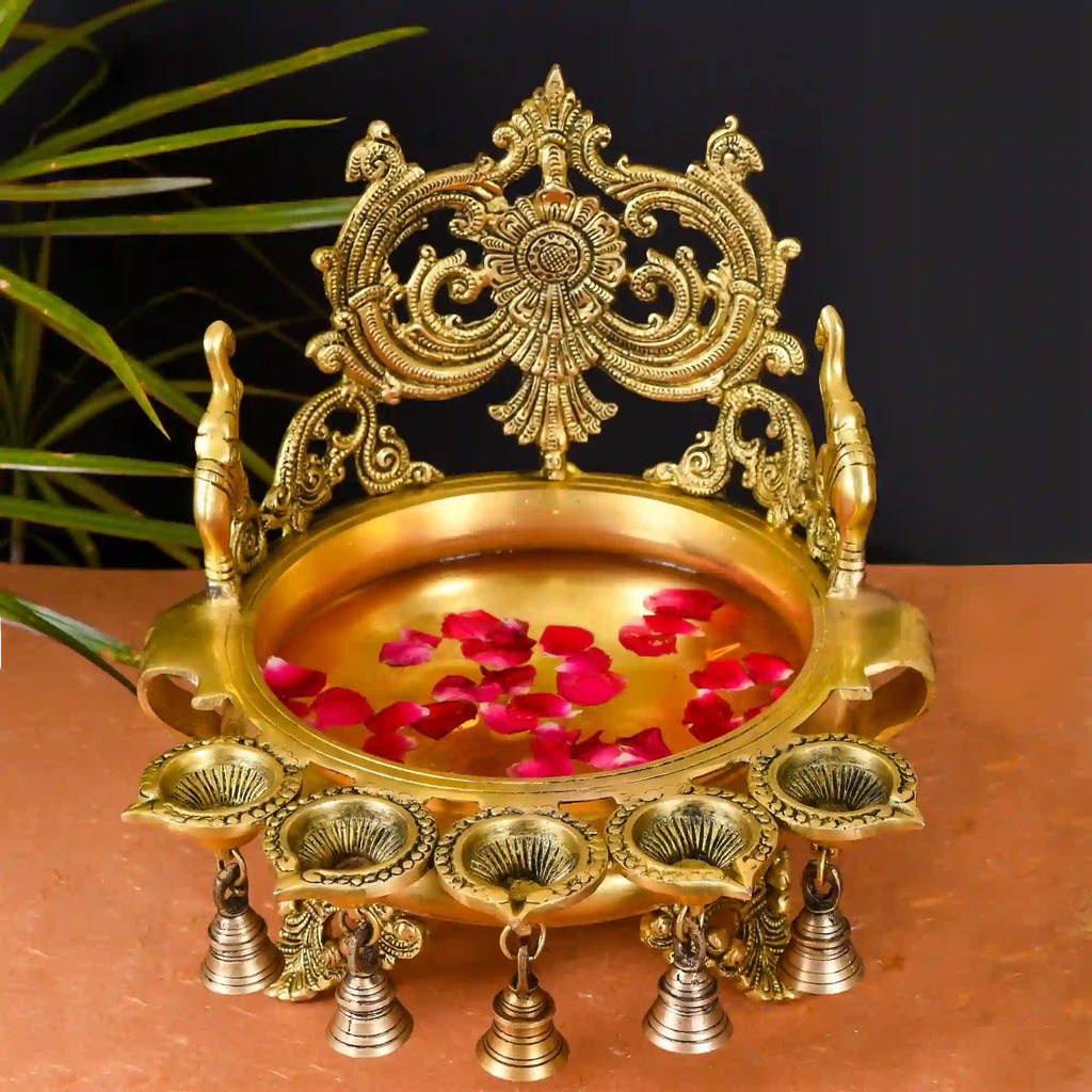 Brass Elephant Carving Urli With 5 Diyas And Bells  (12 Inch) Vedansh Craft
