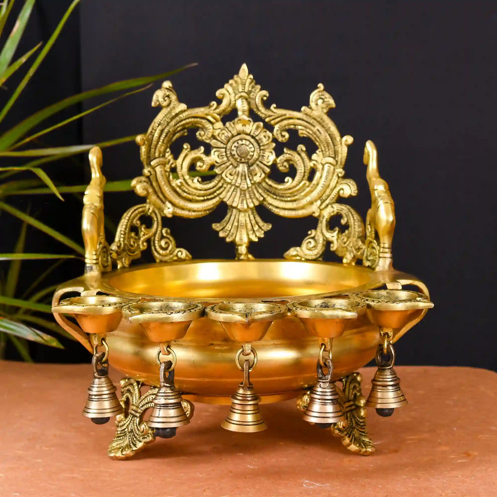 Brass Elephant Carving Urli With 5 Diyas And Bells  (12 Inch) Vedansh Craft