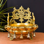 Brass Elephant Carving Urli With 5 Diyas And Bells  (12 Inch) Vedansh Craft