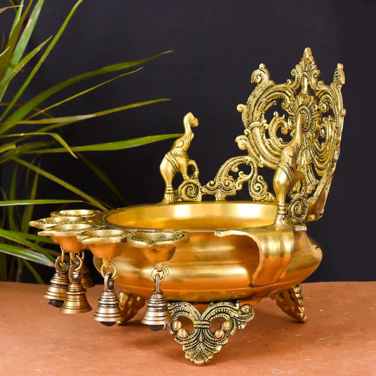 Brass Elephant Carving Urli With 5 Diyas And Bells  (12 Inch) Vedansh Craft
