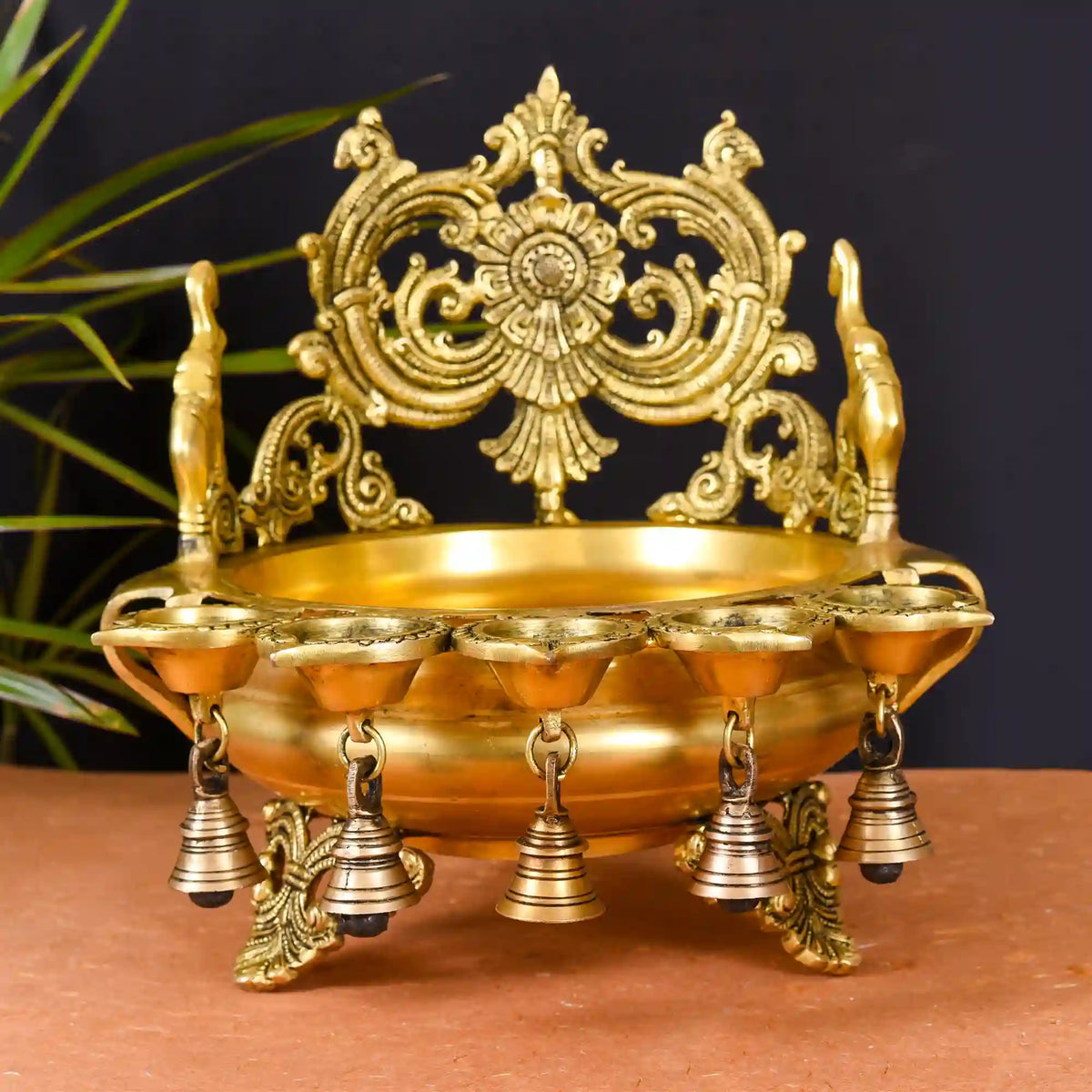 Brass Elephant Carving Urli With 5 Diyas And Bells  (12 Inch) Vedansh Craft