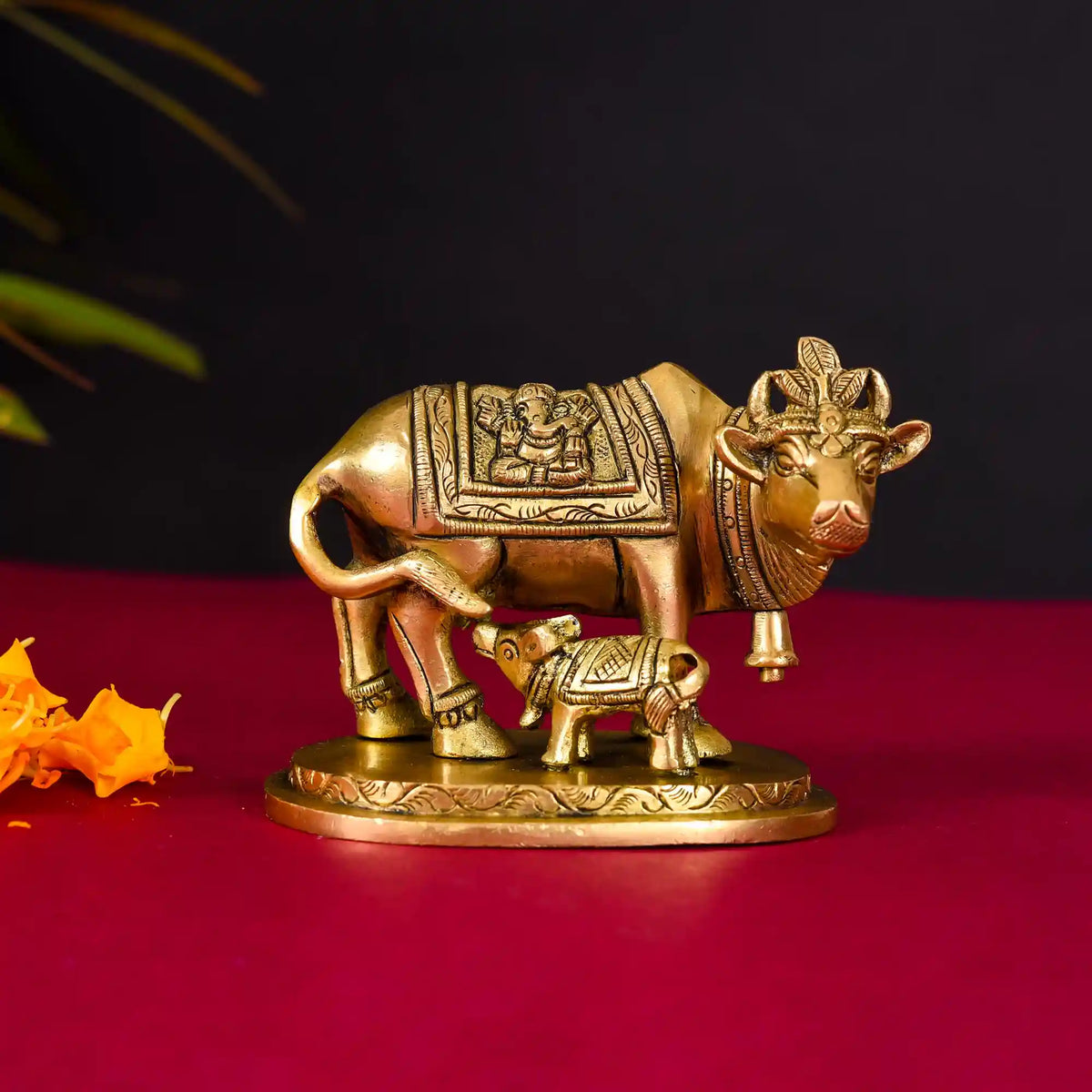 Brass Kamdhenu Cow With Calf Idol (2.5 Inch) Vedansh Craft