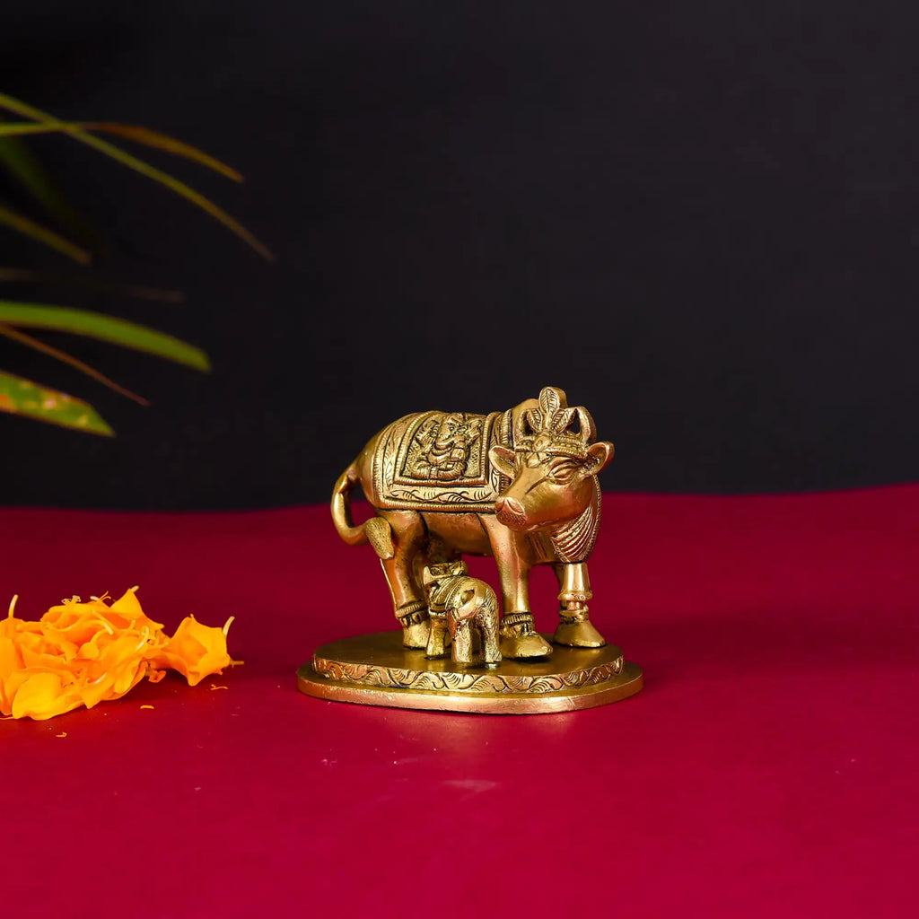 Brass Kamdhenu Cow With Calf Idol (2.5 Inch) Vedansh Craft