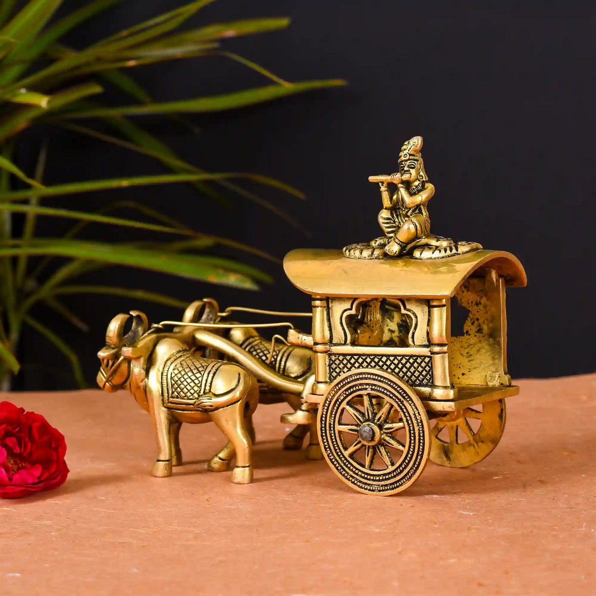 Brass Double Bullock Cart With Krishna (5.8 Inch) Vedansh Craft