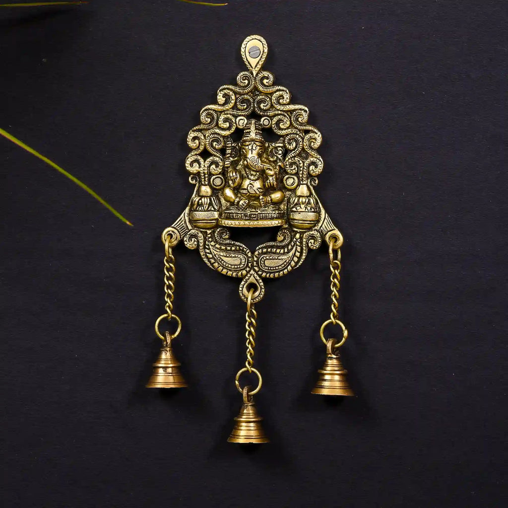 Brass Wall Hanging Ganesha In Frame With Three Bells (11 Inch) Vedansh Craft