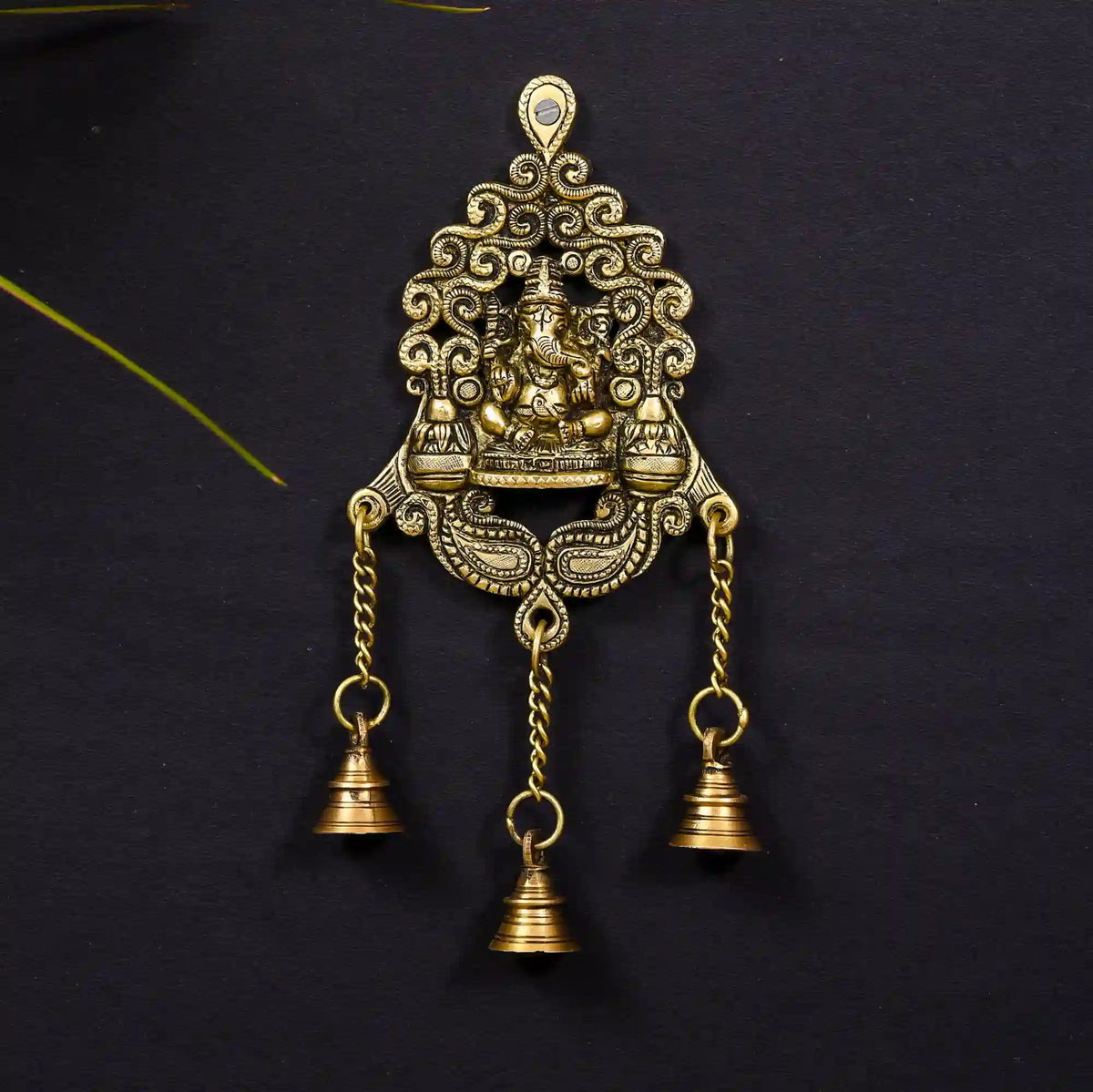 Brass Wall Hanging Ganesha In Frame With Three Bells (11 Inch) Vedansh Craft