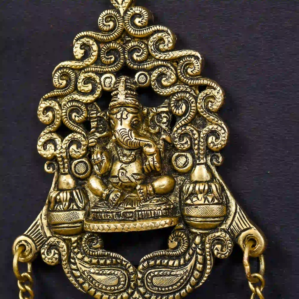 Brass Wall Hanging Ganesha In Frame With Three Bells (11 Inch) Vedansh Craft