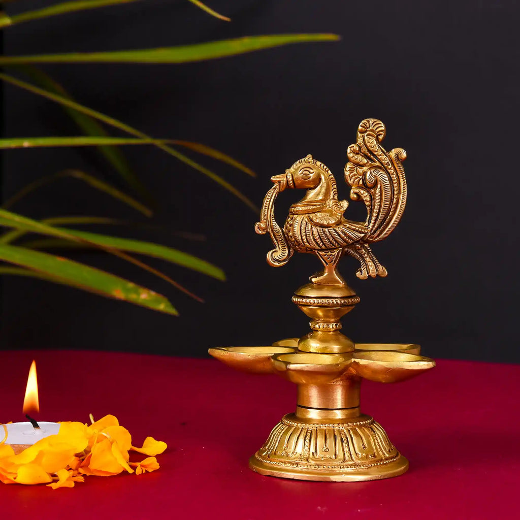 Brass Ethnic Five Petal Peacock Diya (5.2 Inch) Vedansh Craft