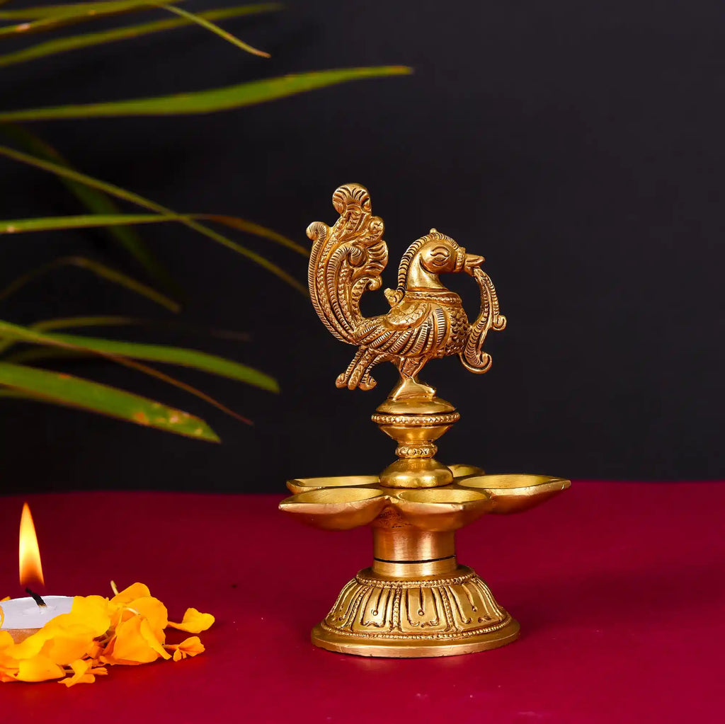 Brass Ethnic Five Petal Peacock Diya (5.2 Inch) Vedansh Craft