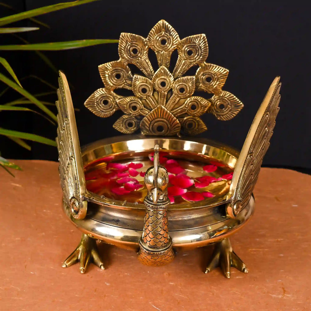 Majestic Brass Peacock Urli (11" Inch) Vedansh Craft