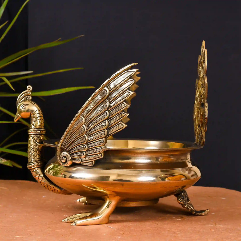 Majestic Brass Peacock Urli (11" Inch) Vedansh Craft
