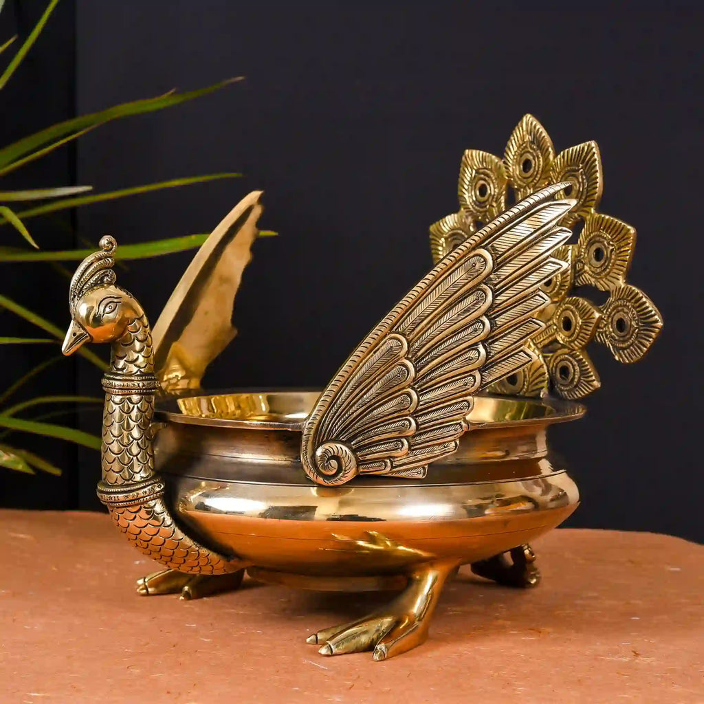 Majestic Brass Peacock Urli (11" Inch) Vedansh Craft