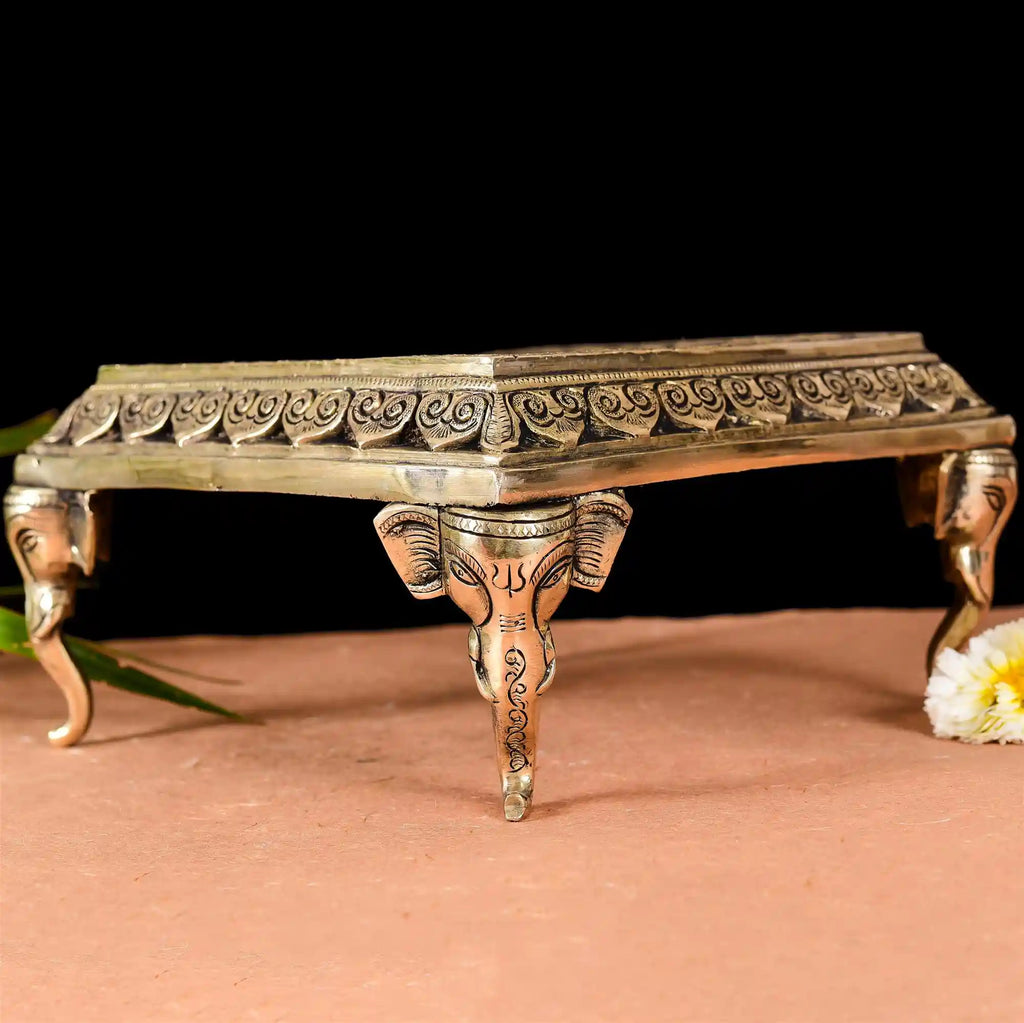Brass Chowki With Elephant Pillars (5 Inch) Vedansh Craft