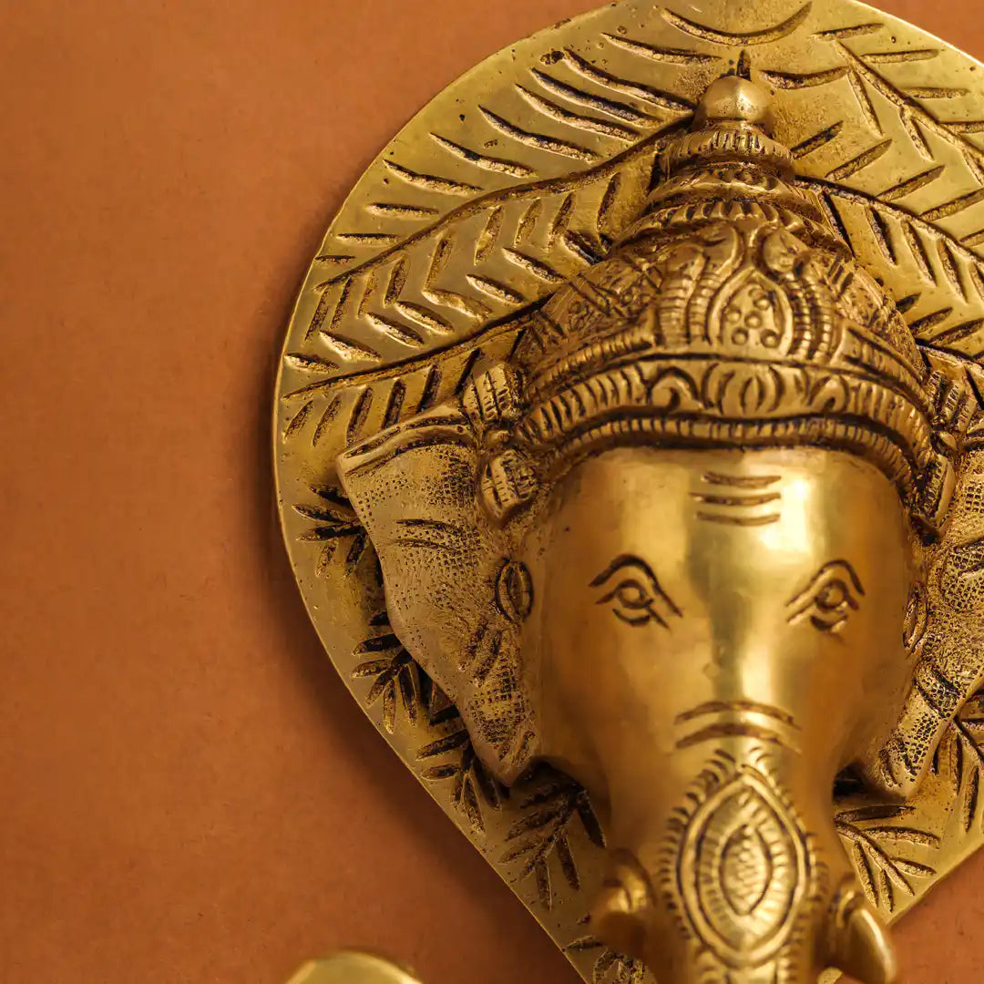 Brass Ganesha Bell On Leaf Wall Hanging (7.5 Inch) Vedansh Craft
