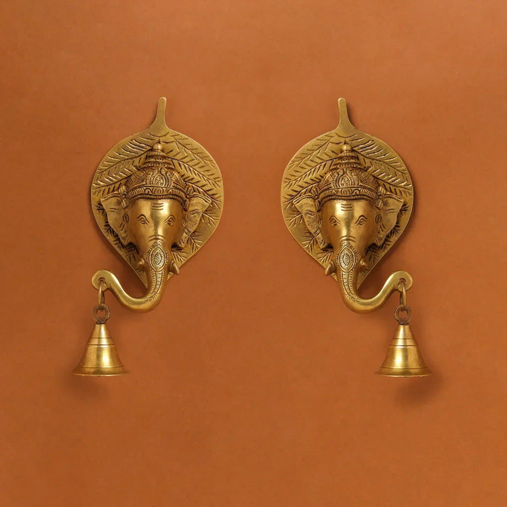 Brass Ganesha Bell On Leaf Wall Hanging (7.5 Inch) Vedansh Craft