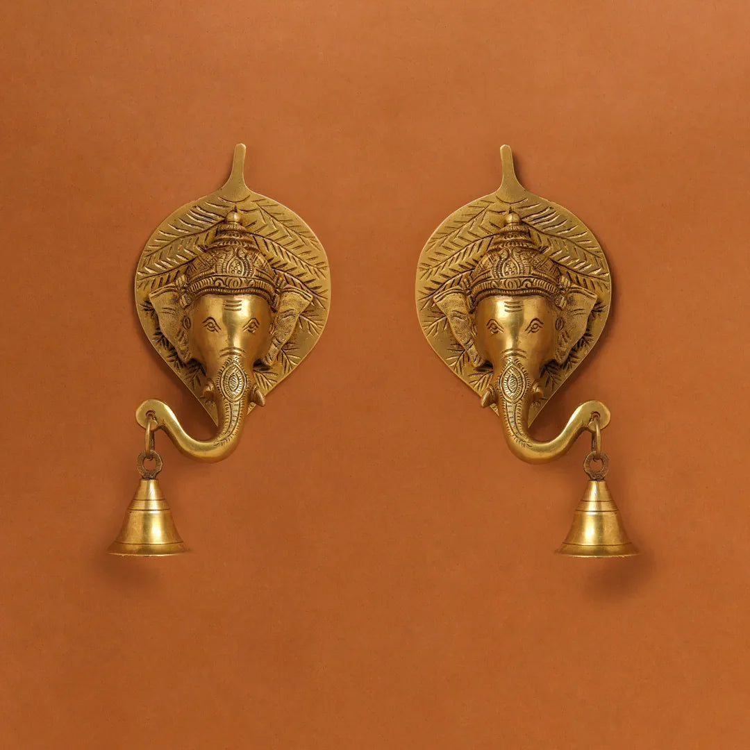 Brass Ganesha Bell On Leaf Wall Hanging (7.5 Inch) Vedansh Craft