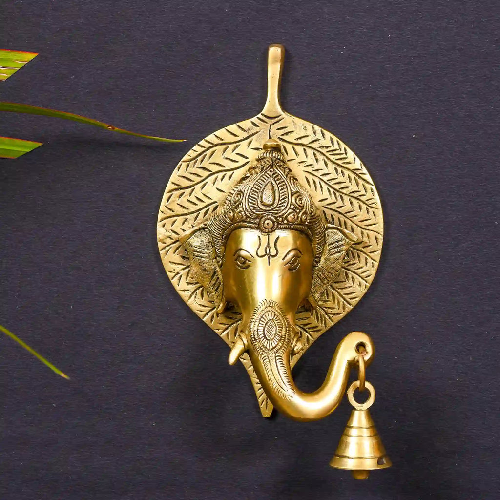 Brass Ganesha Bell On Leaf Wall Hanging (7.5 Inch) Vedansh Craft