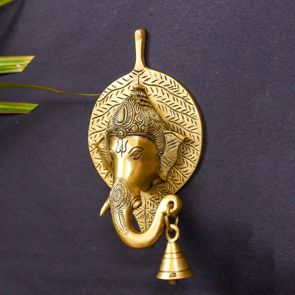 Brass Ganesha Bell On Leaf Wall Hanging (7.5 Inch) Vedansh Craft
