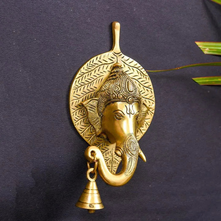Brass Ganesha Bell On Leaf Wall Hanging (7.5 Inch) Vedansh Craft