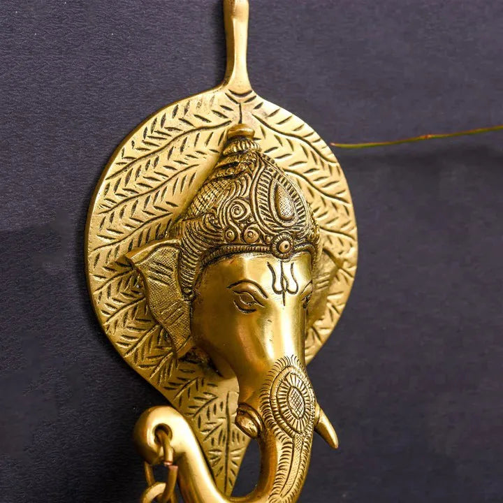 Brass Ganesha Bell On Leaf Wall Hanging (7.5 Inch) Vedansh Craft