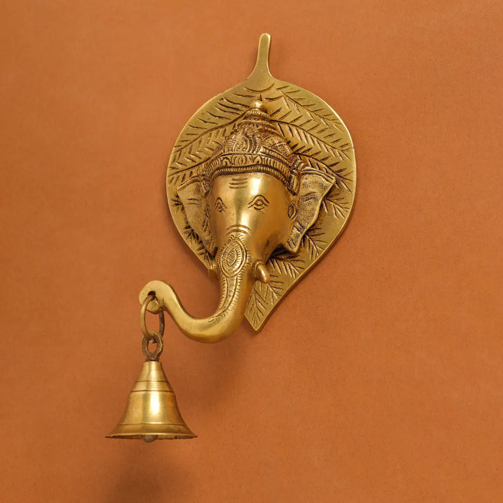 Brass Ganesha Bell On Leaf Wall Hanging (7.5 Inch) Vedansh Craft