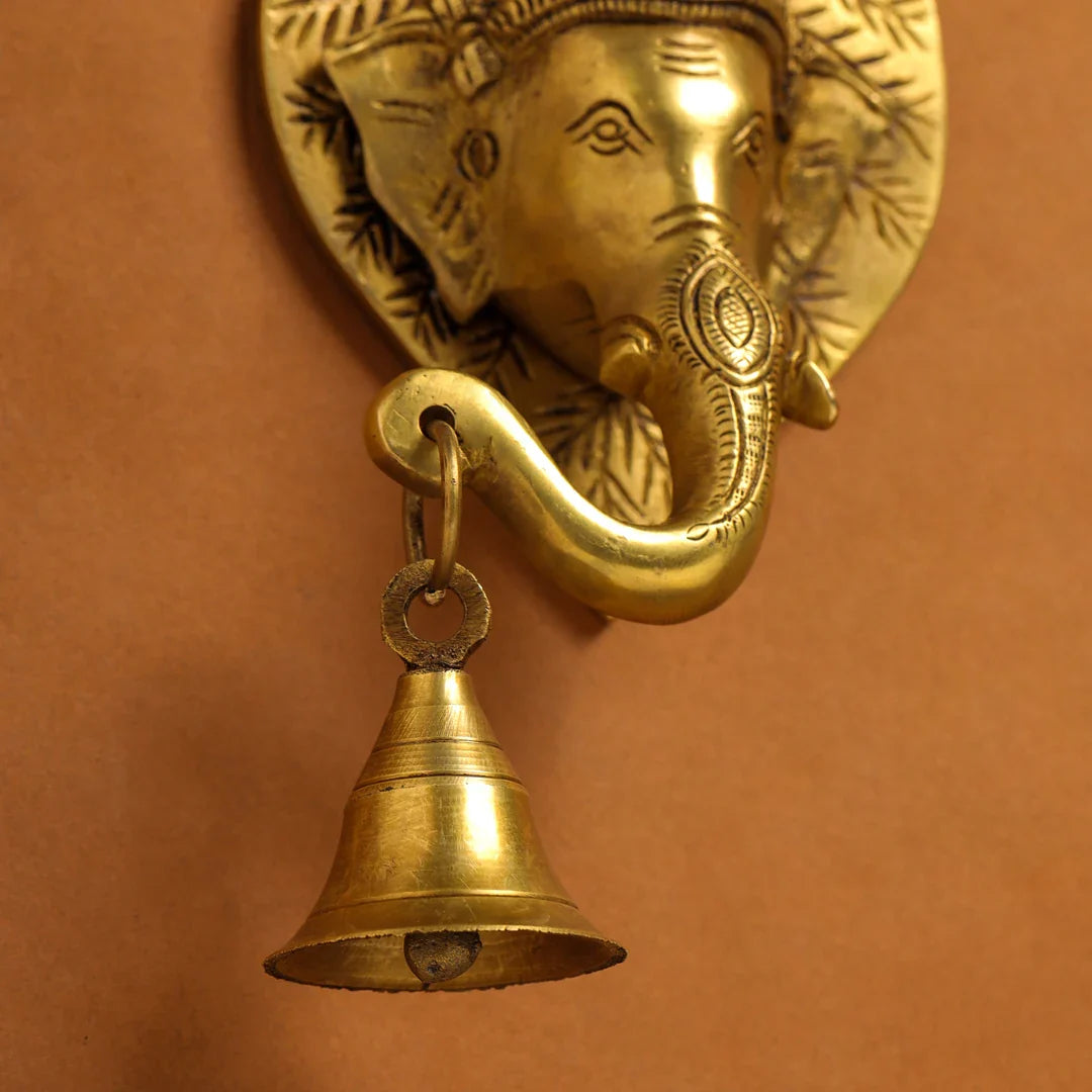 Brass Ganesha Bell On Leaf Wall Hanging (7.5 Inch) Vedansh Craft