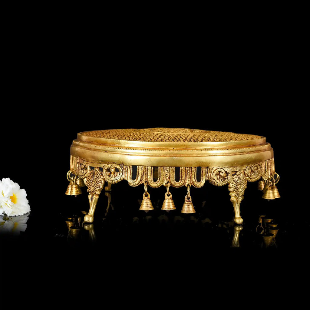 Brass Ethnic Chowki With Hanging Bells (5 Inch) Vedansh Craft