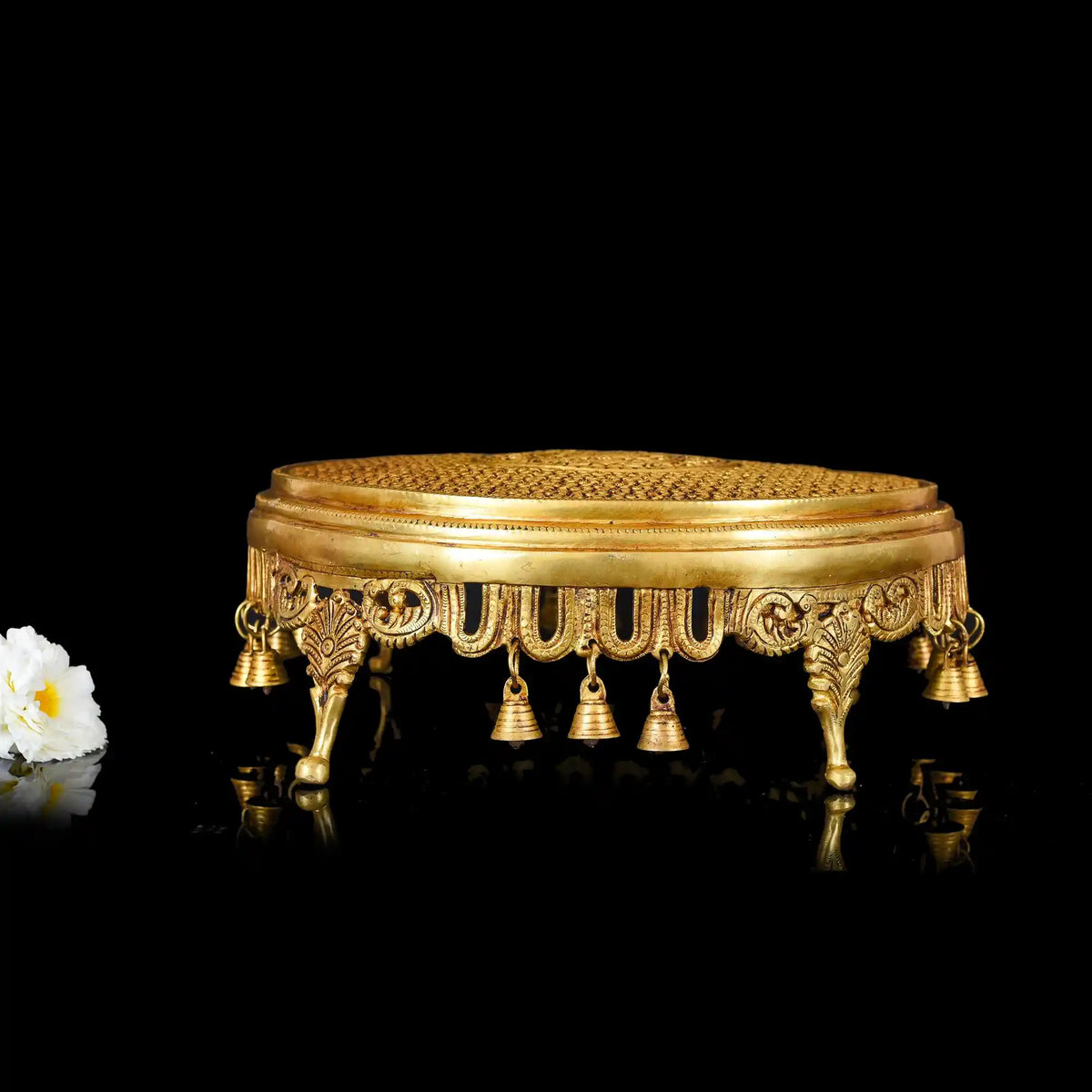 Brass Ethnic Chowki With Hanging Bells (5 Inch) Vedansh Craft