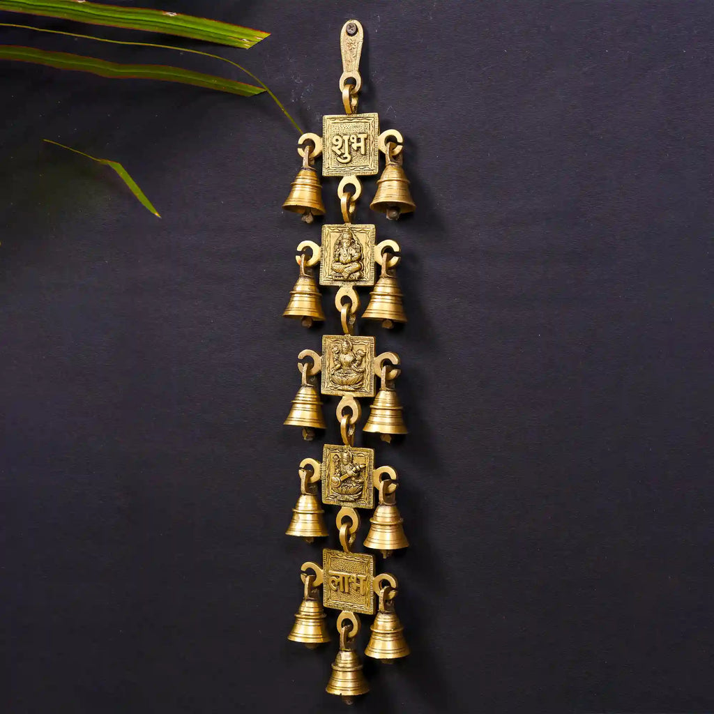 Brass Ganesha Lakshmi Saraswati Shubh And Labh Hanging Bell (19 Inch) Vedansh Craft