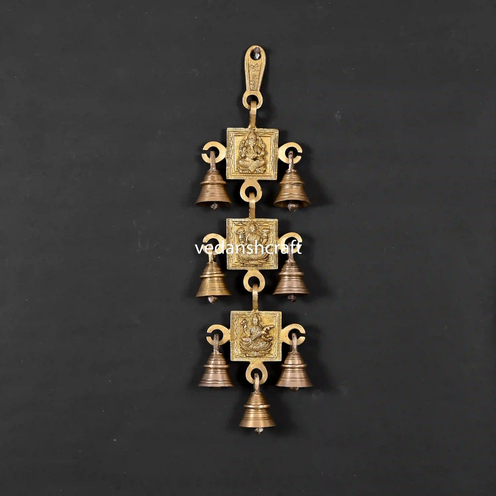 Brass Ganesha, Lakshmi And Saraswati Hanging Bell (12.5 Inch) Vedansh Craft