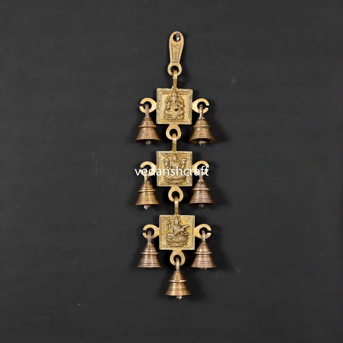 Brass Ganesha, Lakshmi And Saraswati Hanging Bell (12.5 Inch) Vedansh Craft