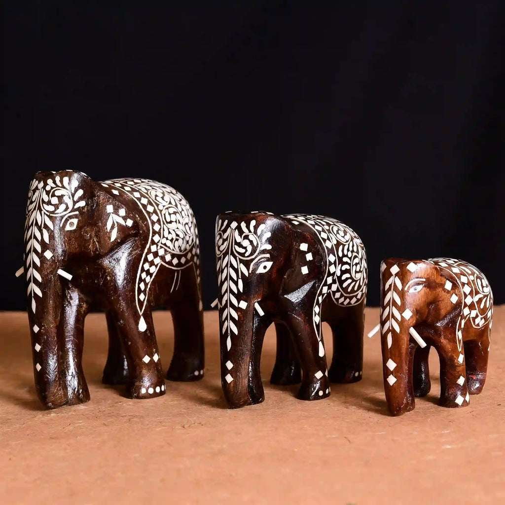 Wooden Inlay Elephant Family Set Vedansh Craft