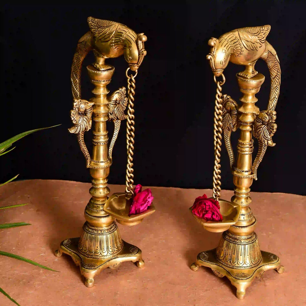 Brass Superfine Majestic Parrot Diya Pair (16.5 Inch) Vedansh Craft