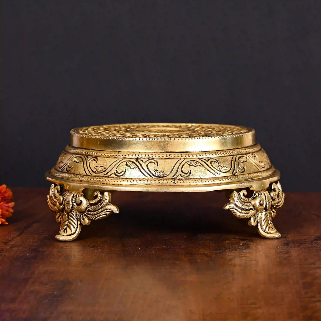 Brass Handcarved Traditional Pooja Chowki (3 Inch) Vedansh Craft