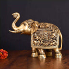 Brass Superfine Elephant With Ganesha And Animals Carving (7.5 Inch) Vedansh Craft