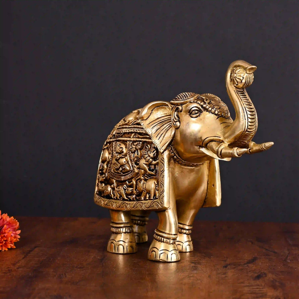 Brass Superfine Elephant With Ganesha And Animals Carving (7.5 Inch) Vedansh Craft