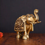 Brass Superfine Elephant With Ganesha And Animals Carving (7.5 Inch) Vedansh Craft