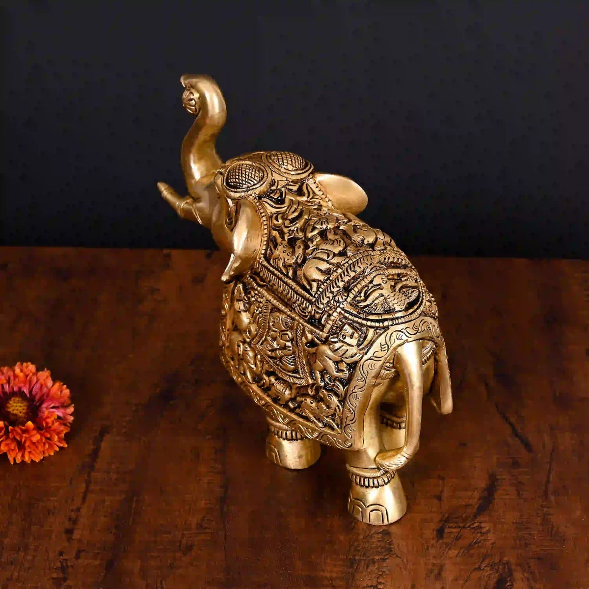 Brass Superfine Elephant With Ganesha And Animals Carving (7.5 Inch) Vedansh Craft