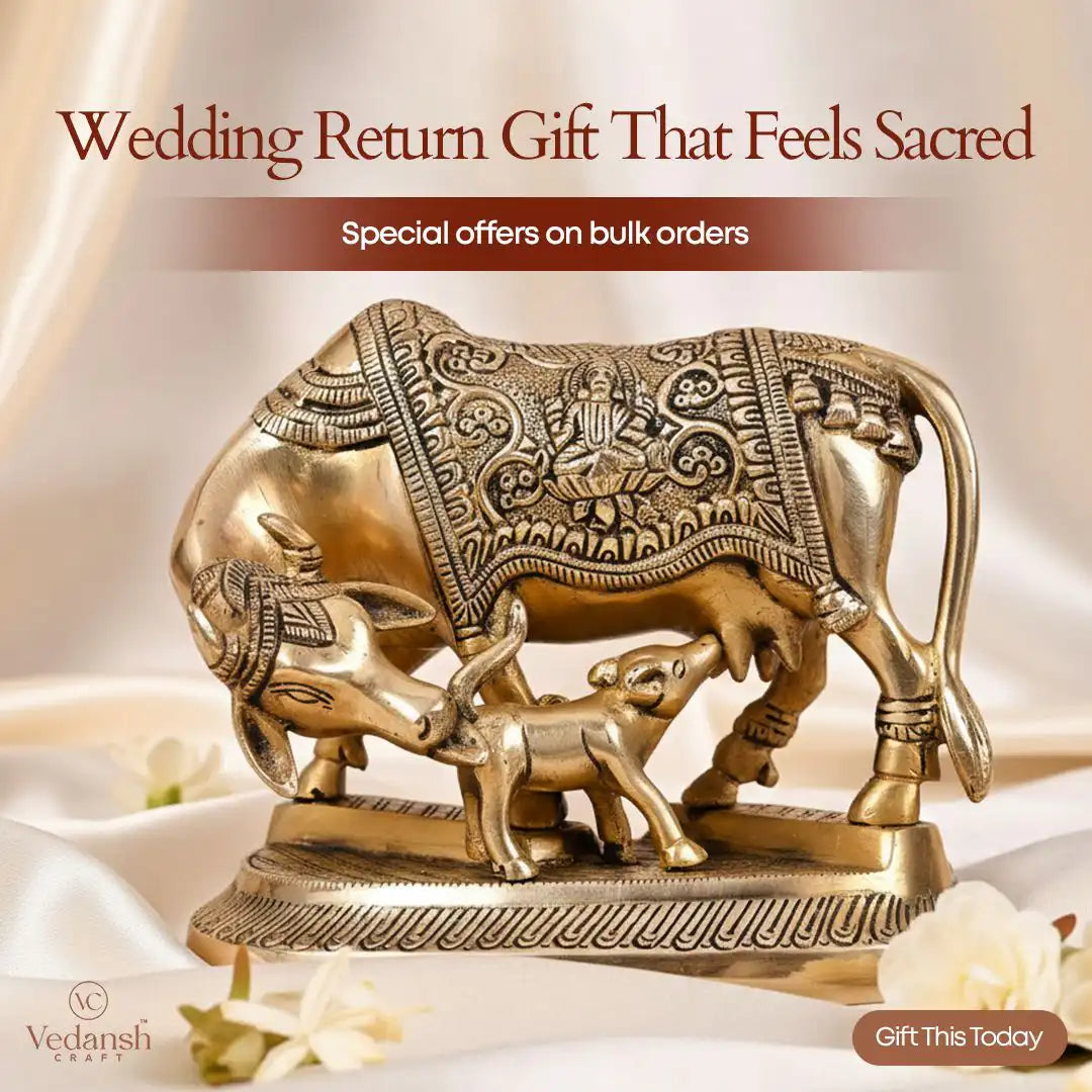 Brass Kamdhenu Cow With Calf Idol (5 Inch) Vedansh Craft