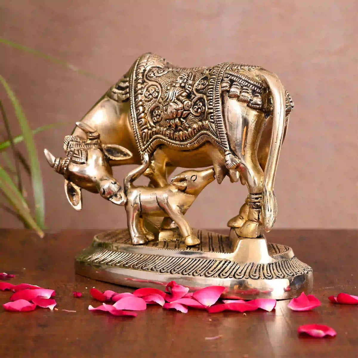 Brass Kamdhenu Cow With Calf Idol (5 Inch) Vedansh Craft