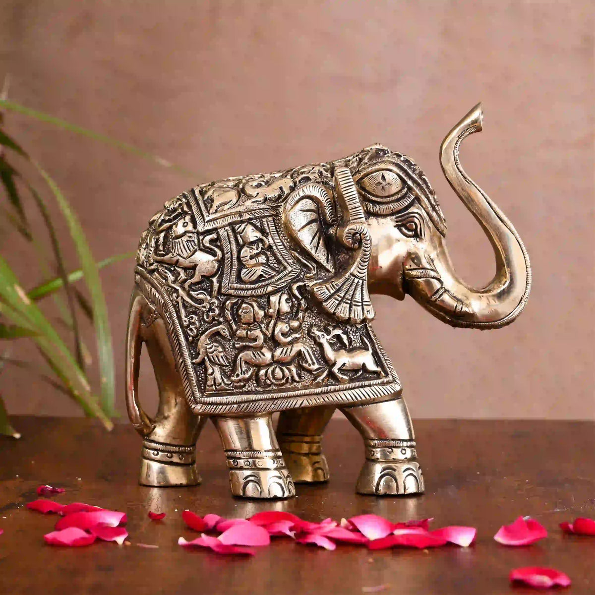 Brass Royal Elephant With Ganesha And Wildlife Carving (6 Inch) Vedansh Craft
