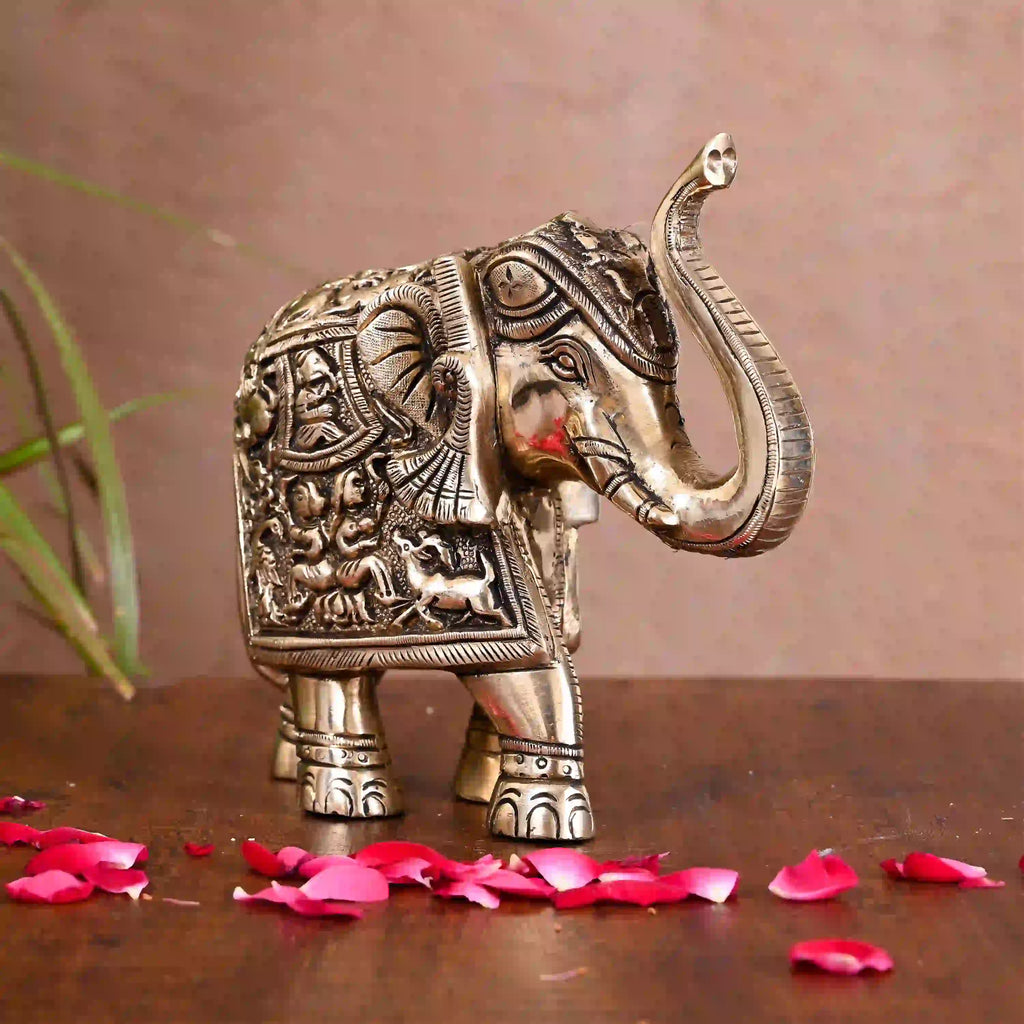 Brass Royal Elephant With Ganesha And Wildlife Carving (6 Inch) Vedansh Craft