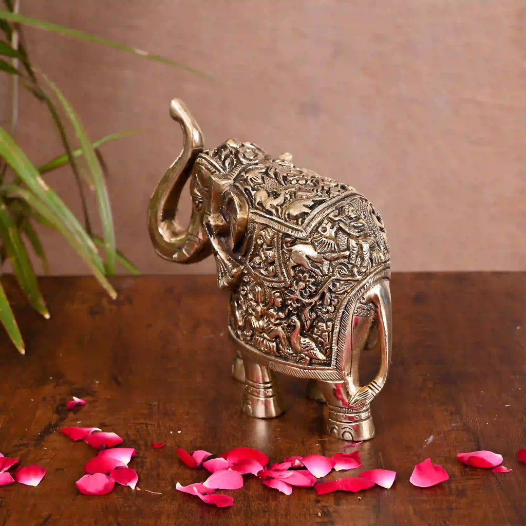 Brass Royal Elephant With Ganesha And Wildlife Carving (6 Inch) Vedansh Craft
