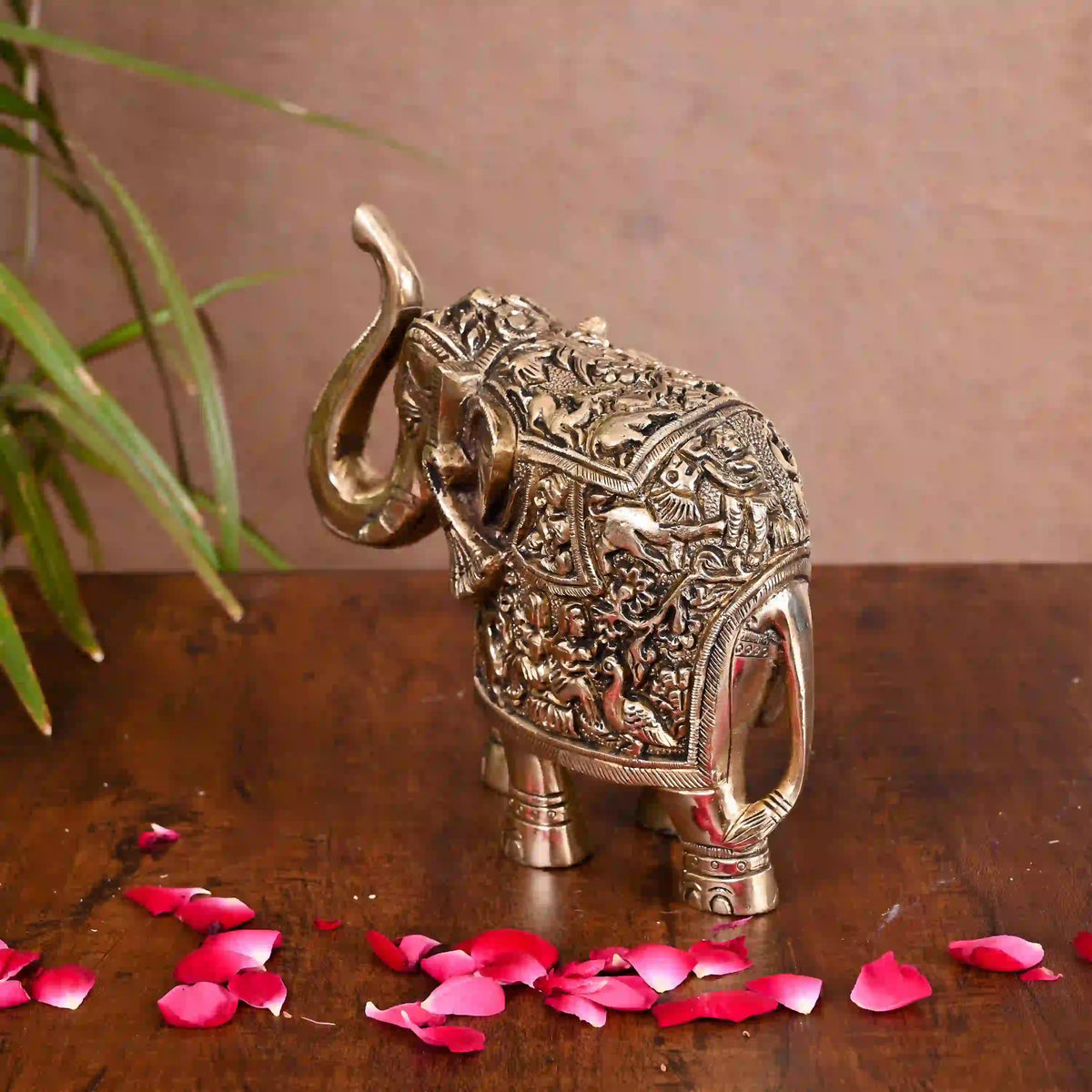 Brass Royal Elephant With Ganesha And Wildlife Carving (6 Inch) Vedansh Craft