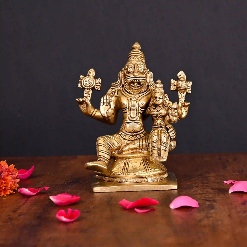 Brass Sitting Lakshmi Narasimha Superfine Idol (5.2 Inch) Vedansh Craft