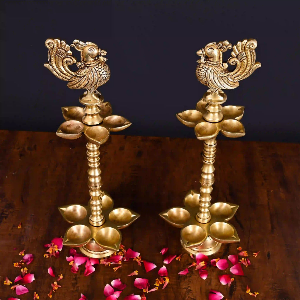 Brass Peacock Ten Petal Diya/Lamp Pair (13 Inch) Vedansh Craft